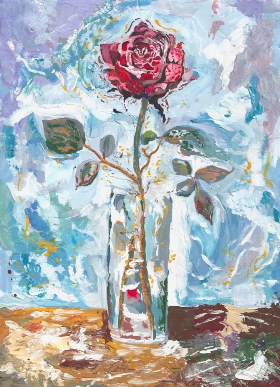 Fading Grace, 2026, Art Liard, mixed media on paper, rose still life from the G Gallery catalog, art3f Paris 2026