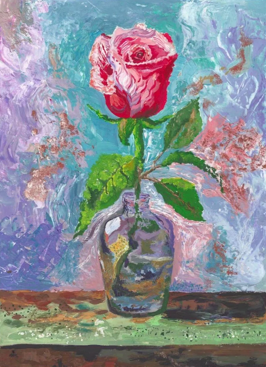 In Full Bloom, 2026, Art Liard, mixed media on paper, rose still life from the G Gallery catalog, art3f Paris 2026